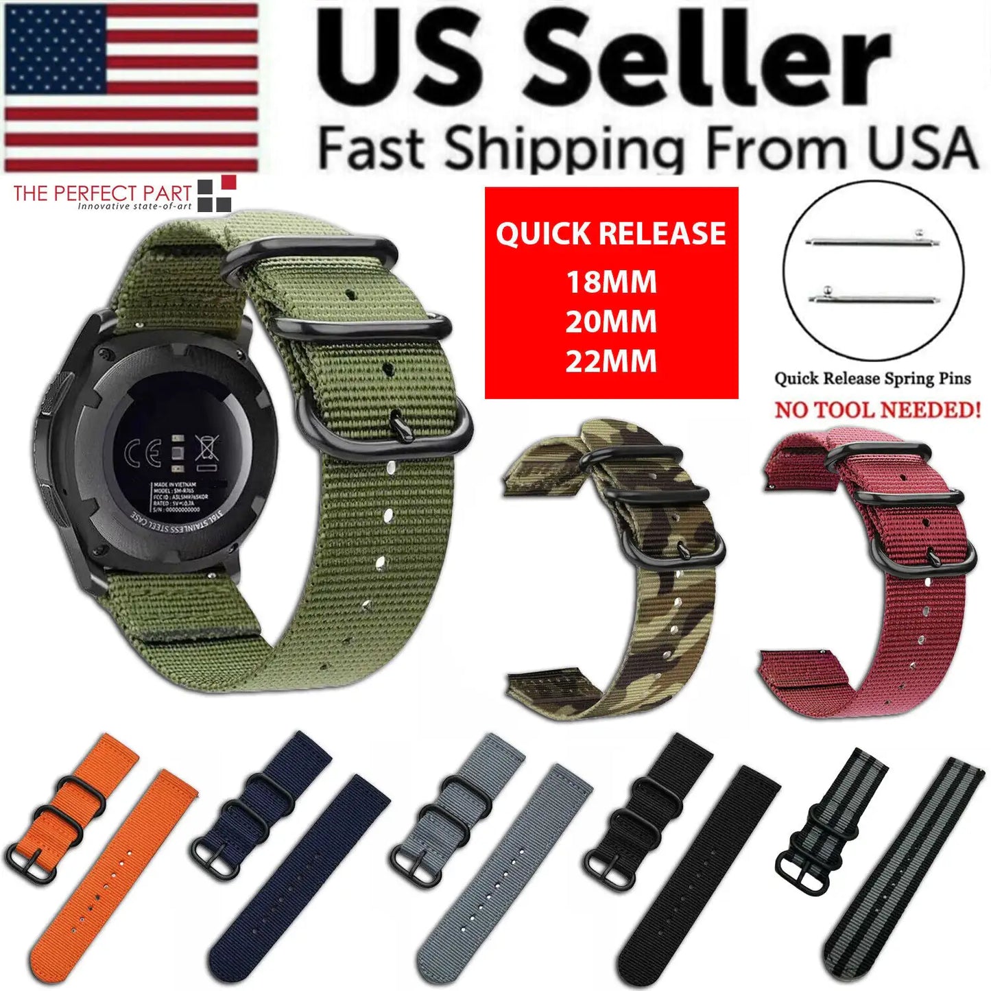 18mm 20mm 22mm Durable Military Woven Nylon Wrist Watch Band Quick Release Strap